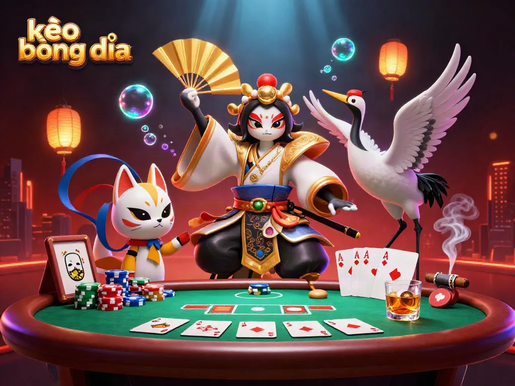 Experience kèo bóng đá excitement with kabuki warriors and poker elements in a captivating scene.