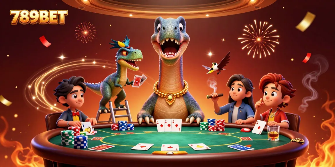 Engage in thrilling poker action at 789BET with vibrant casino atmosphere and playful characters.