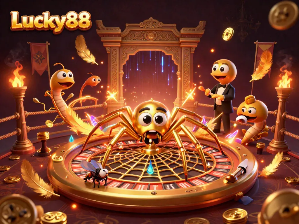Place bets at Lucky88 with a 3D spider spinning a roulette wheel web amidst vibrant casino elements.