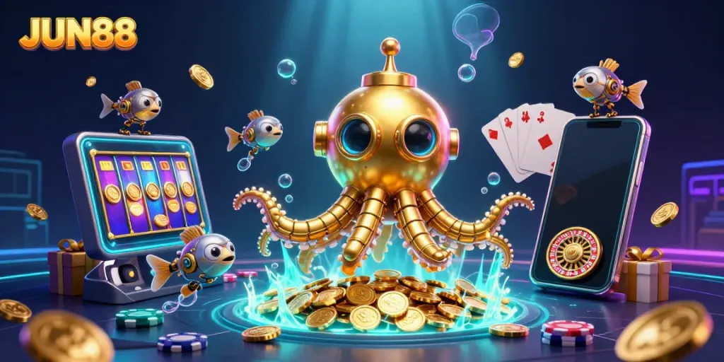 Play exciting games at JUN88 with a golden kraken submarine in a treasure scene.