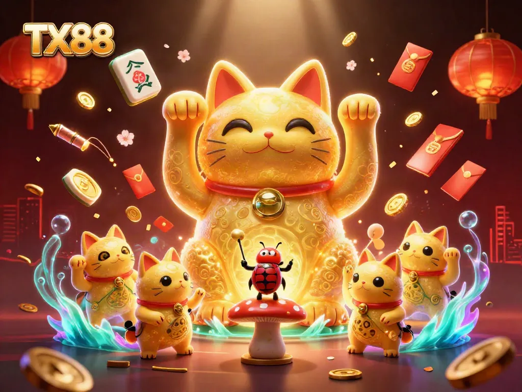 Engage in thrilling gaming with TX88's vibrant lucky cat and dynamic casino symbols.