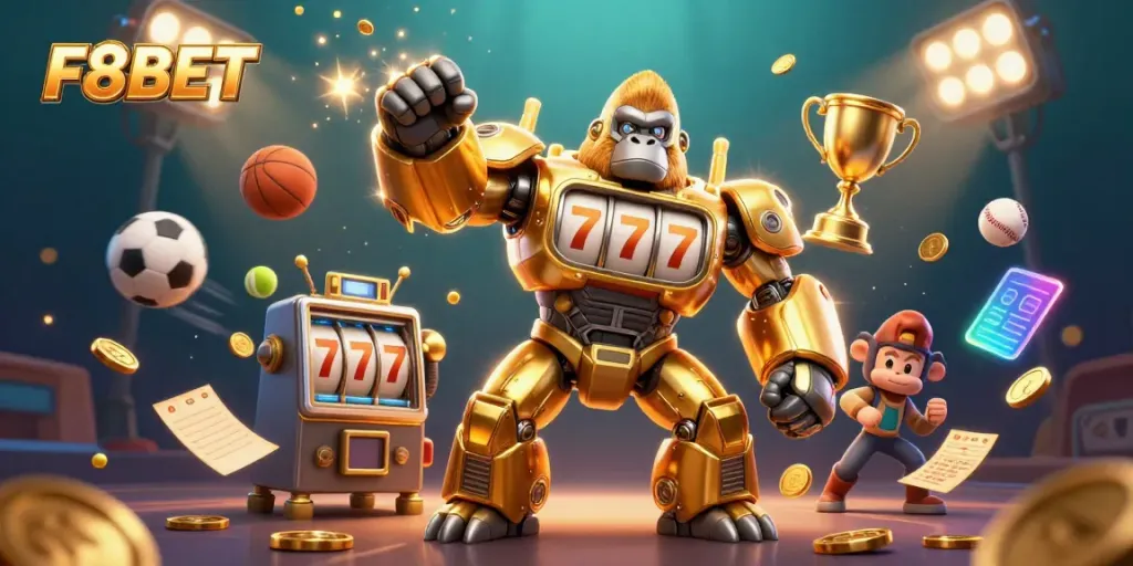 Experience thrilling gameplay at F8BET with our dynamic 3D illustration depicting exciting sports betting elements and high-energy casino action.