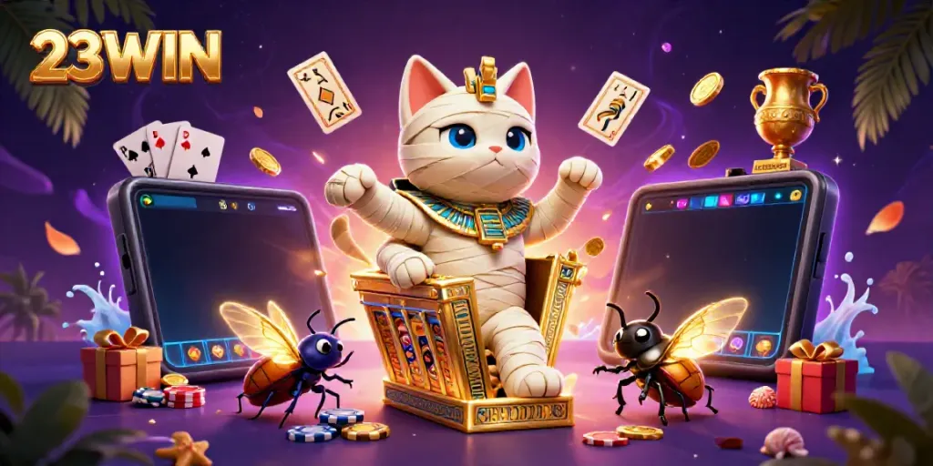 Experience thrilling gameplay with 23WIN's vibrant casino scene featuring a mummy cat and glowing elements.