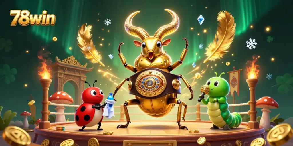 78win showcases a vibrant casino scene with a golden stag beetle champion ready to battle.