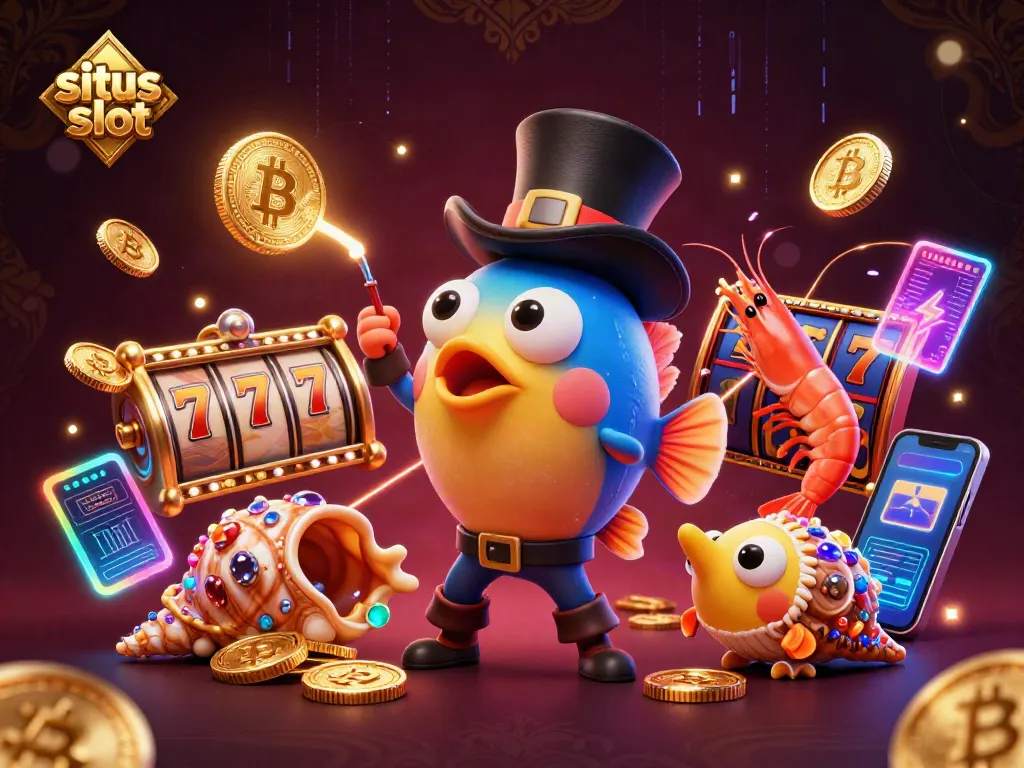 Engage with situs slot as the anglerfish lures golden coins in an underwater themed casino illustration.
