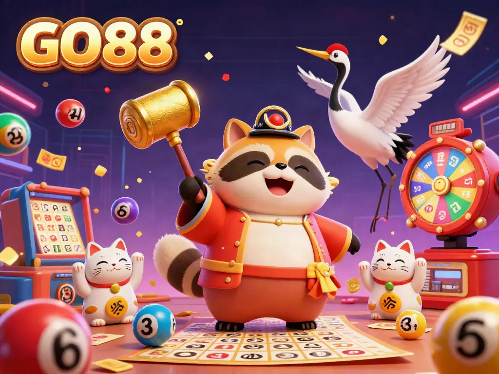 Experience the vibrant energy of GO88 with colorful lottery games and charming characters in 3D illustration.