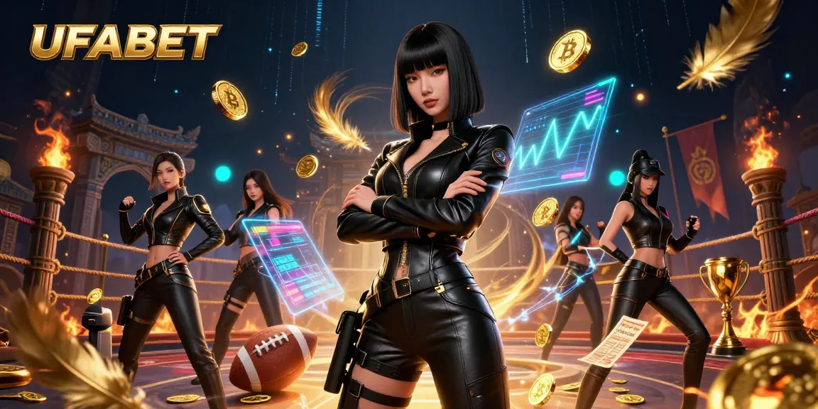 Bet at UFABET with a stunning Asian model embracing a powerful stance amidst sports betting elements.