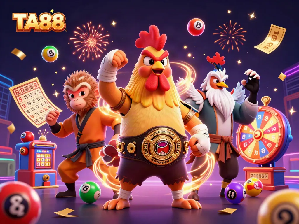 Spin to win with TA88's colorful lottery elements and festive characters energizing the casino scene.
