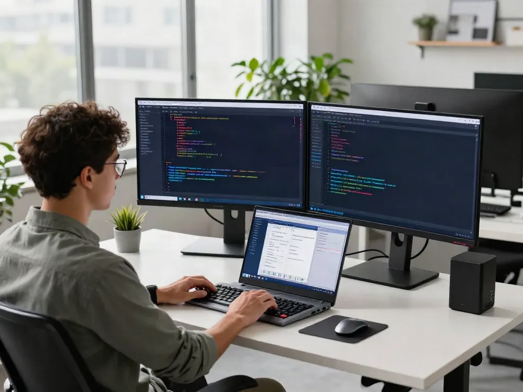 Developer utilizing instant indexing tools at a modern tech workspace.