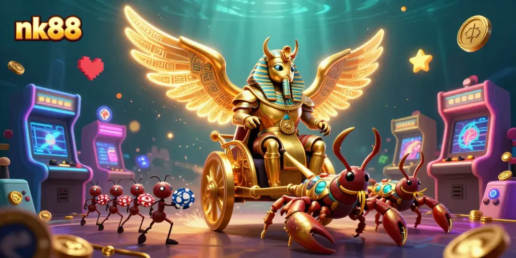 Experience the excitement of nk88 with a vibrant scene featuring a golden scarab in casino-themed action.