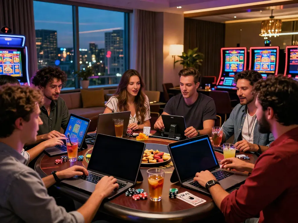 Exciting game night with friends enjoying non GamStop casinos in a stylish setting