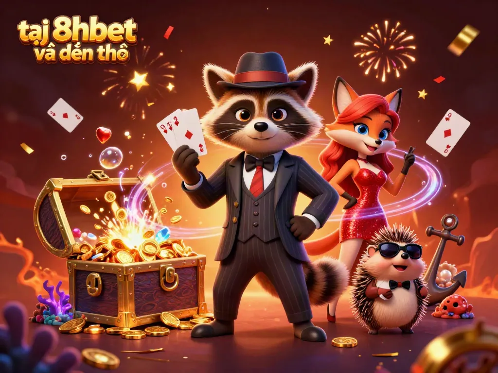 Experience the excitement at 8xbet via phone with a charming raccoon, fox, and hedgehog amidst vibrant casino elements