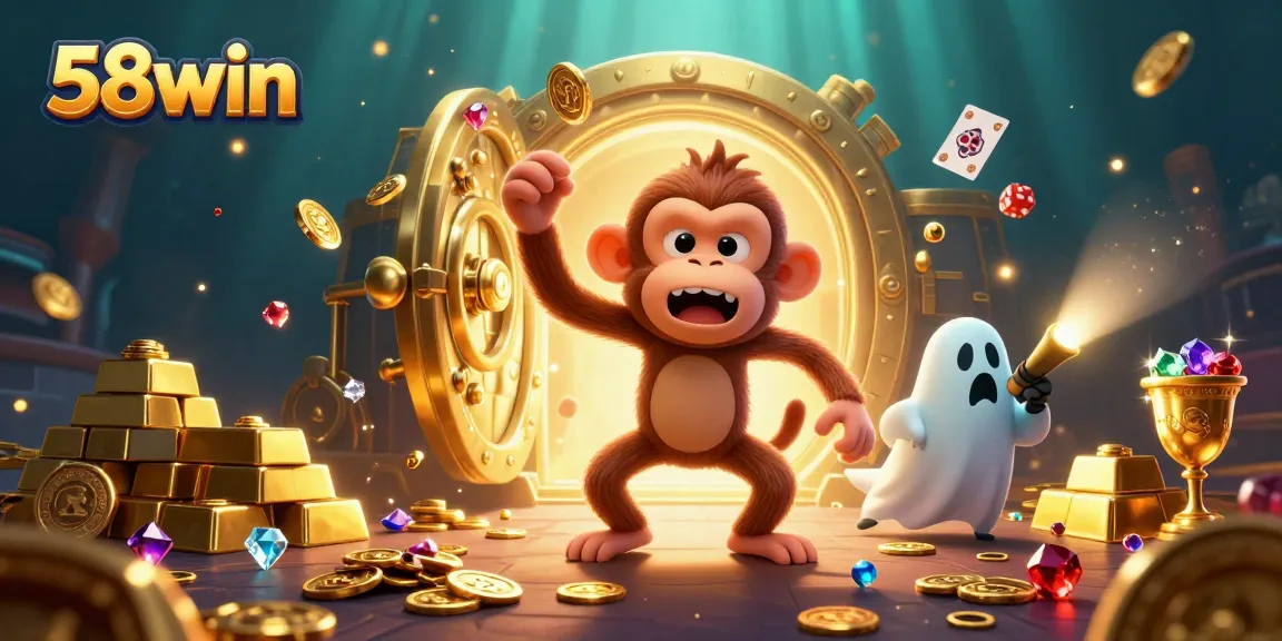 Experience 58win's exciting casino atmosphere with mischievous characters and golden treasures in this vibrant illustration.