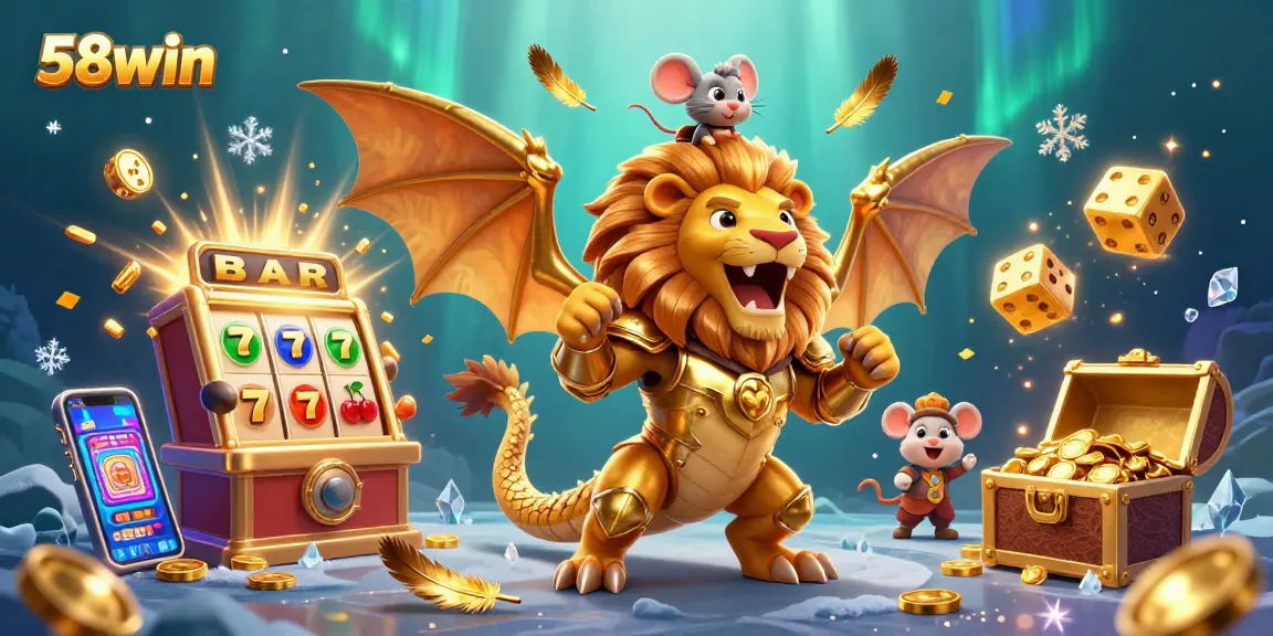 Join the excitement of 58win with a dynamic 3D casino scene featuring a chimera creature and golden slot explosion.