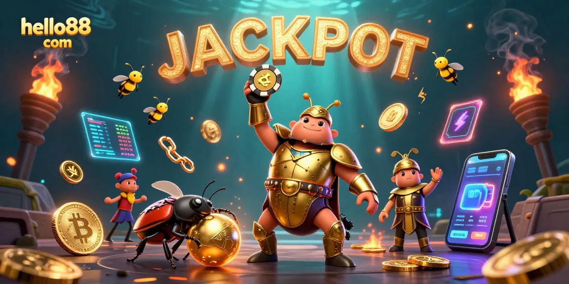 Win big with hello88 com, featuring an epic illustration of a golden-armored beetle celebrating a jackpot!