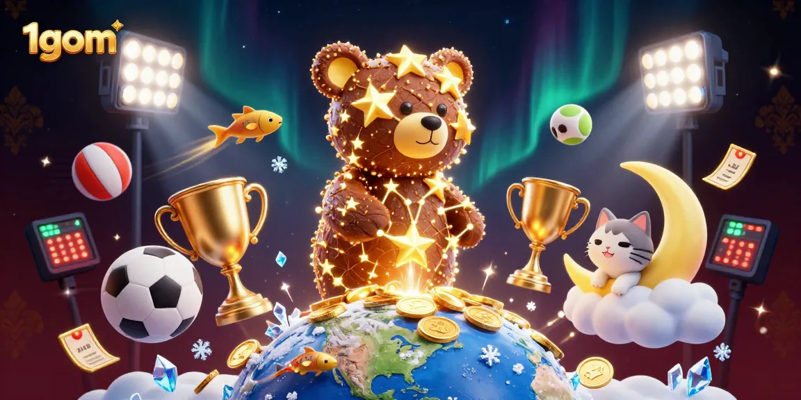 Bet on winning strategies with 1gom, featuring dynamic sports elements and constellation bear.