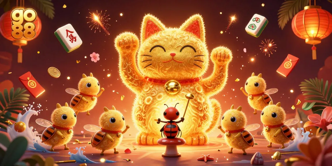 Experience fun with go 88 as golden fireflies form a lucky cat amid vibrant casino elements.