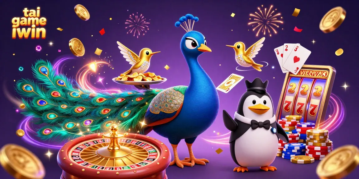 Engage with tai game iwin in a vibrant casino scene featuring a peacock and glittering elements.