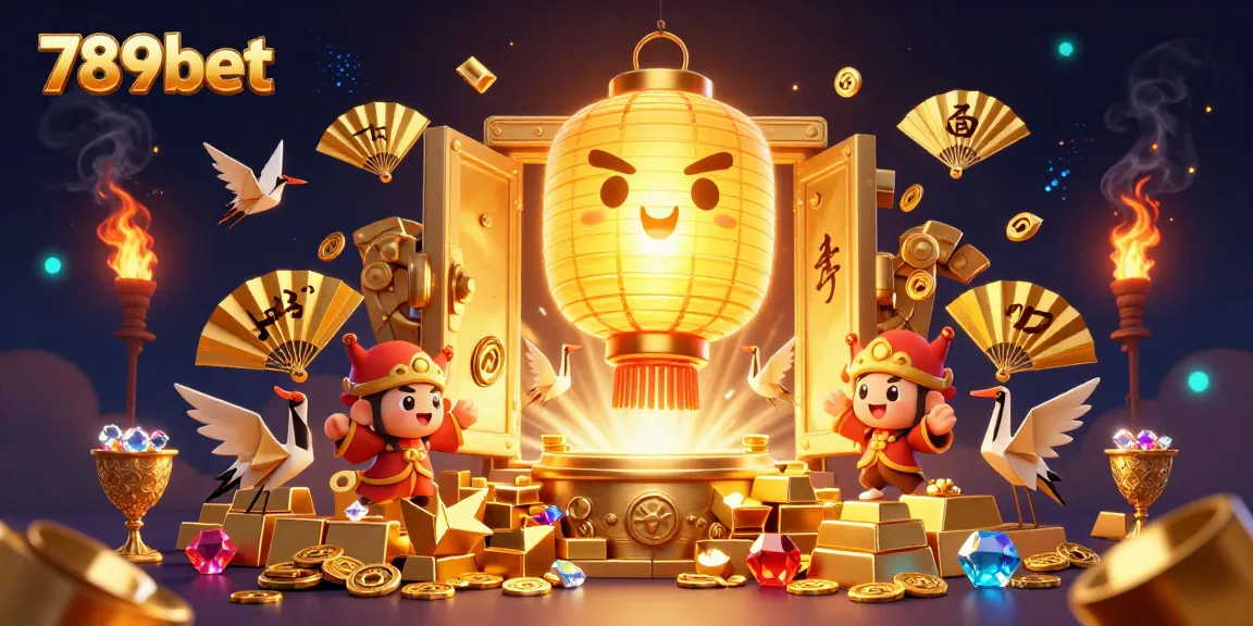 Engage with the magical world of 789bet, featuring an ultra-detailed casino scene with golden lanterns and treasures.