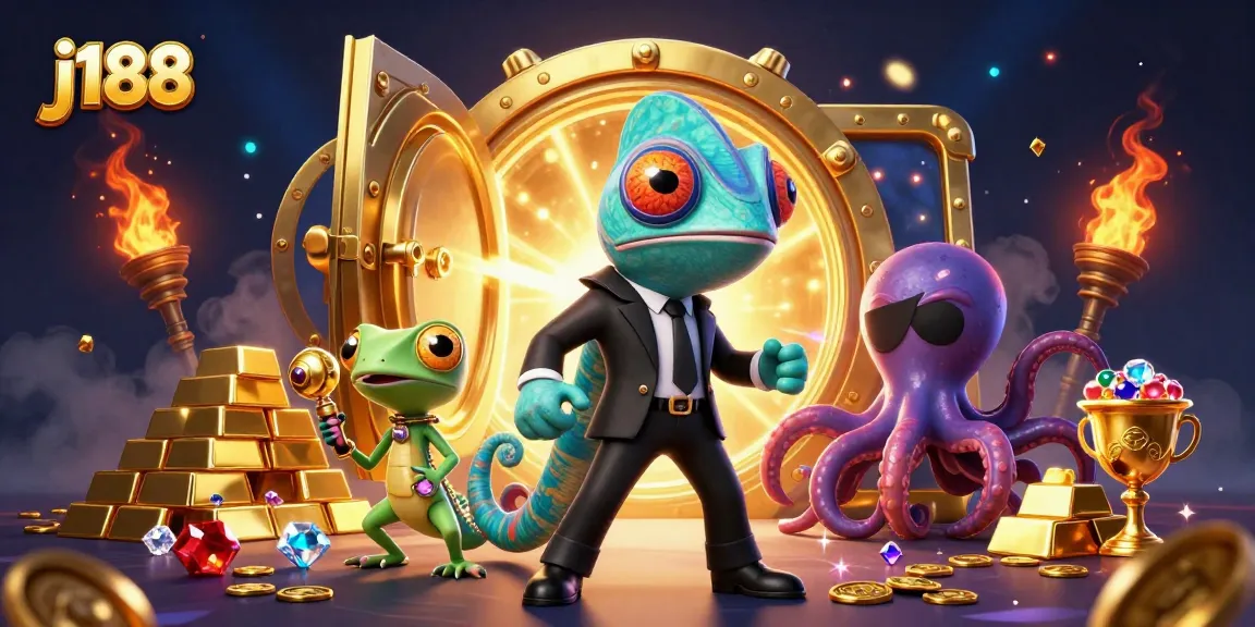 Experience thrilling gameplay at J188 with vibrant characters and rich treasures in this 3D illustration.