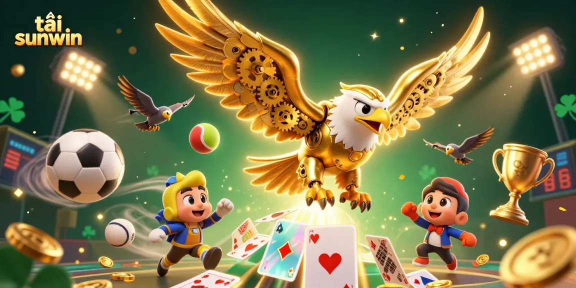 Experience the excitement to tải sunwin with our dynamic gaming scene featuring a cybernetic eagle and vibrant elements.