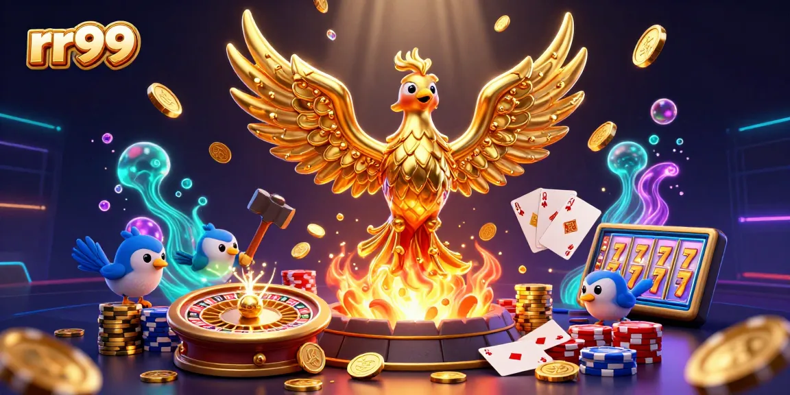 rr99 interacts with a dynamic scene filled with golden coins, gemstones, and 3D gaming elements in a vibrant casino.