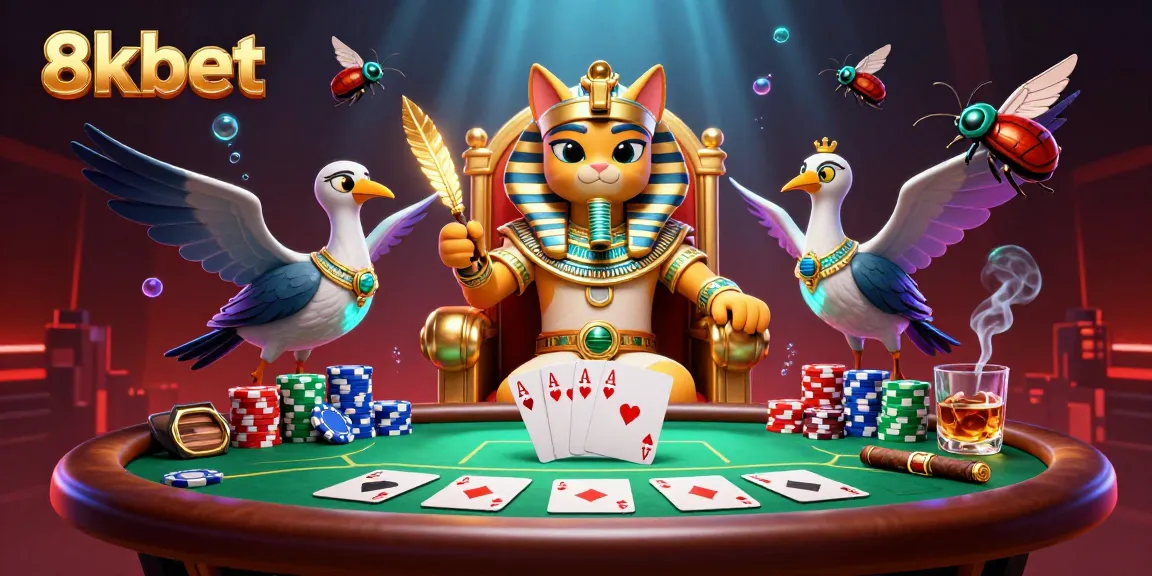 Experience thrilling casino action with 8xbet in this dynamic scene featuring 3D characters and poker elements.