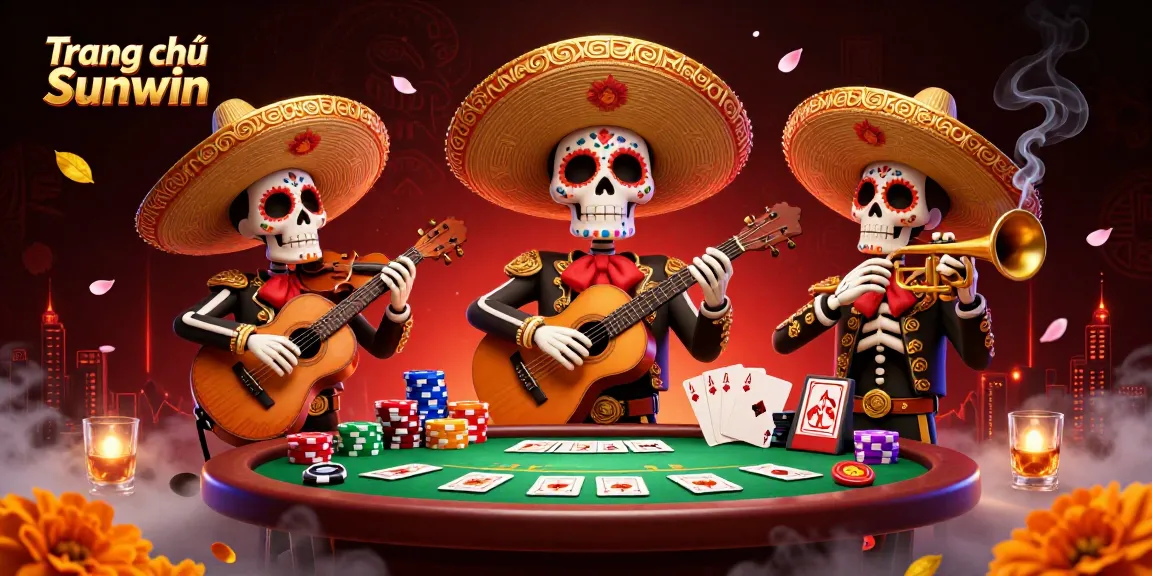 Engage in thrilling gameplay at Trang chủ Sunwin with a vibrant casino scene featuring mariachi skeletons, poker elements, and rich details.
