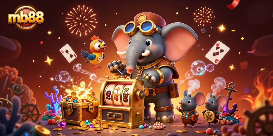 Experience thrilling slots and games at mb88 with a steampunk elephant engineer operating a dynamic slot machine.