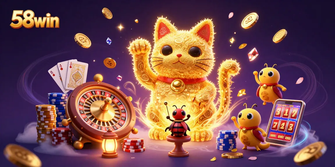 Experience thrilling wins with 58win as golden fireflies form a lucky cat, surrounded by dynamic casino elements.