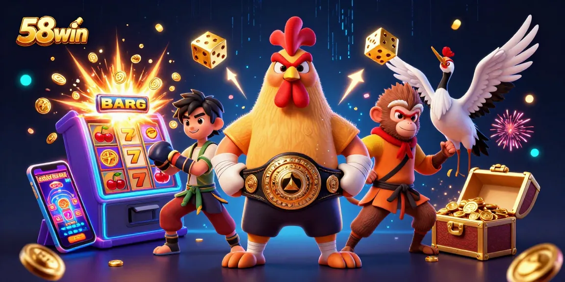 Experience the excitement of 58win with a vibrant scene featuring dynamic casino elements and engaging characters.