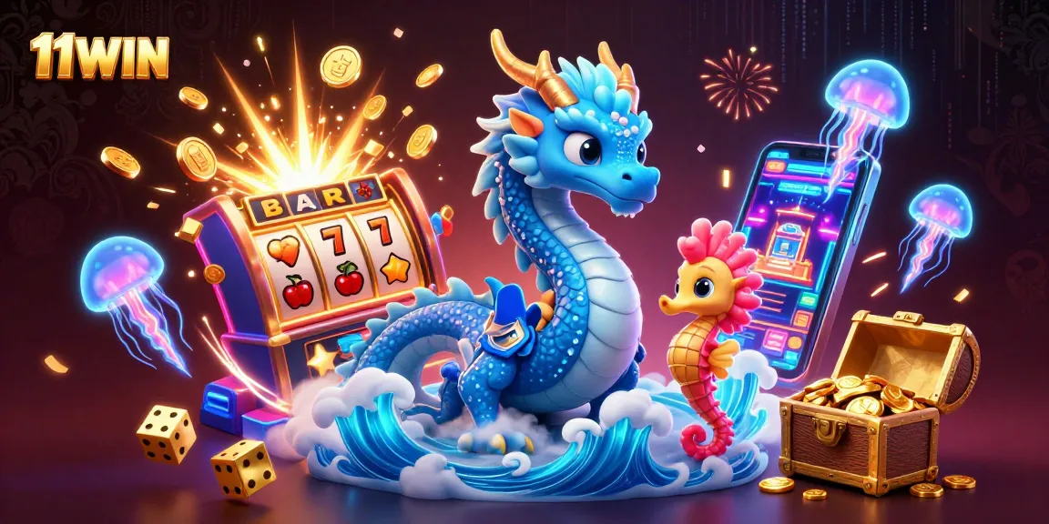 Experience the thrill of 11WIN with a vibrant underwater casino scene featuring a dragon and seahorse knight.