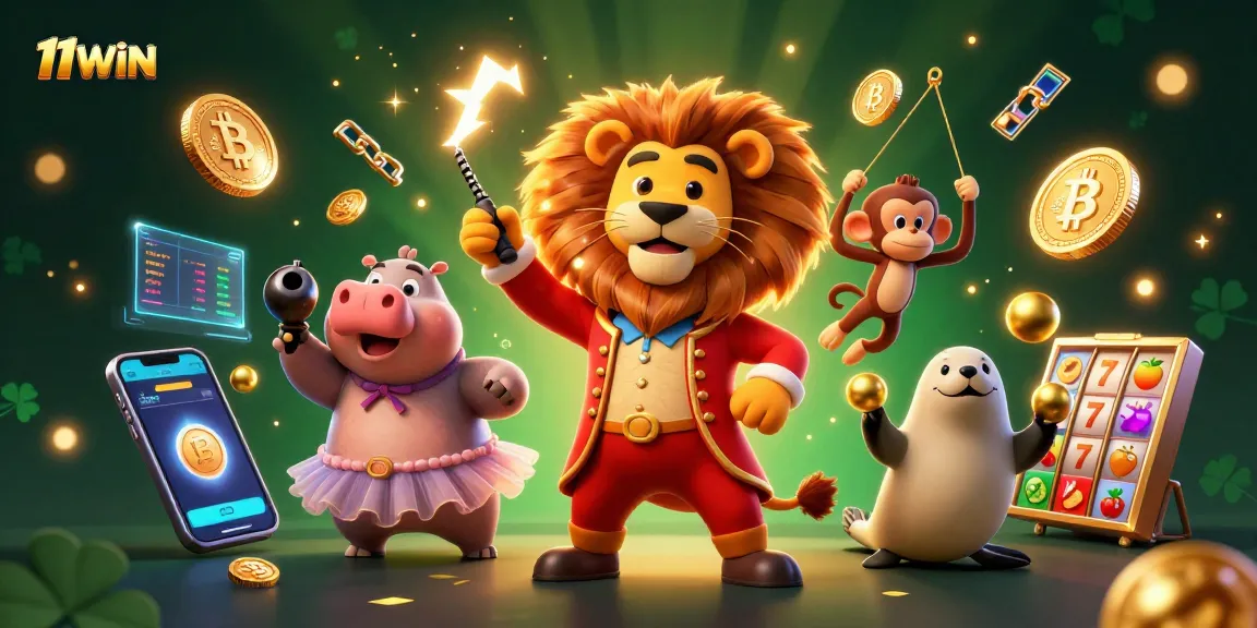 Exciting 11WIN themed illustration showcasing a lively circus with crypto elements and slot games.