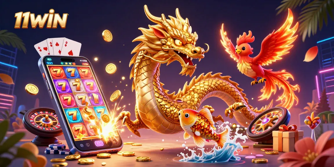 Experience the thrilling atmosphere of 11WIN with a golden dragon and lucky symbols.