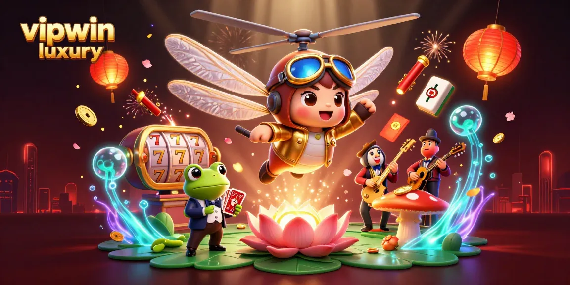 Experience the vibrant energy of vipwin luxury with a floating 3D dragonfly pilot and lively casino scene.