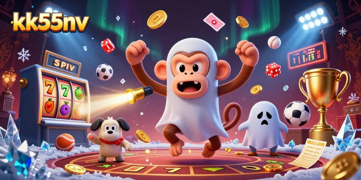 Win big at KK55nv with a playful monkey juggling casino tokens in a haunted setting.