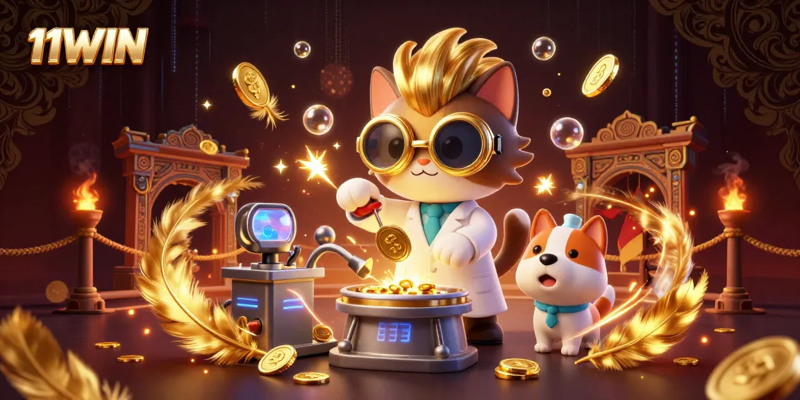 Win with 11WIN in a vibrant scene of a mad scientist cat crafting gold coins amidst casino chaos.