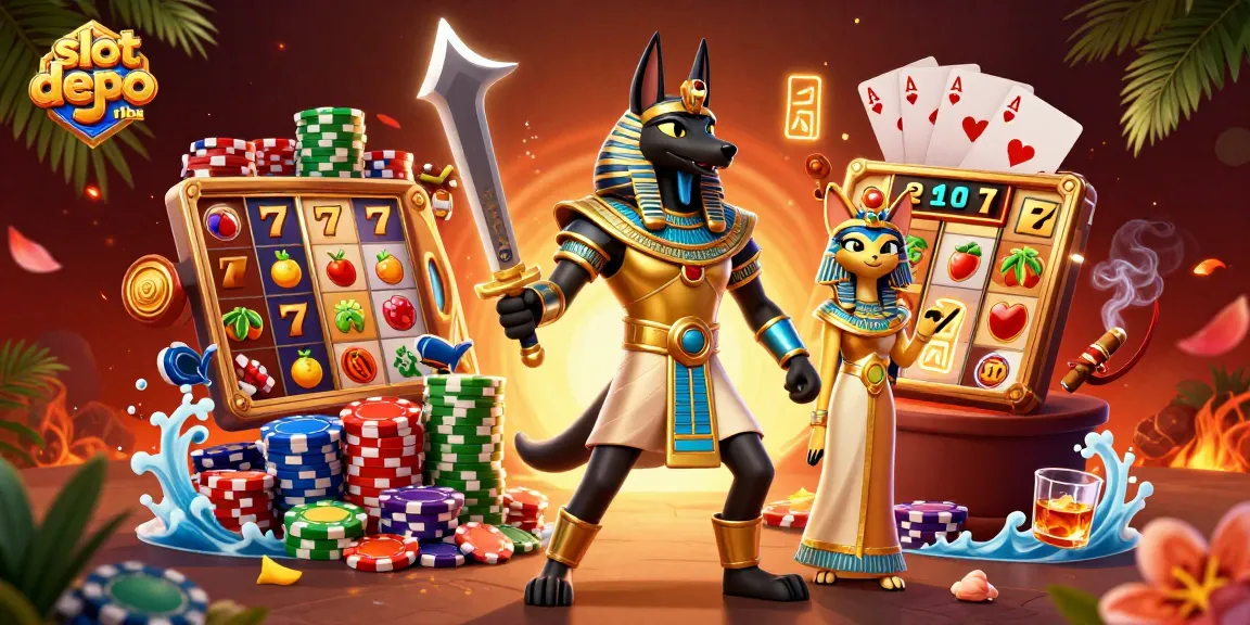 Spin exciting slot depo 5 ribu reels with Anubis and Bastet in a vibrant 3D casino scene.