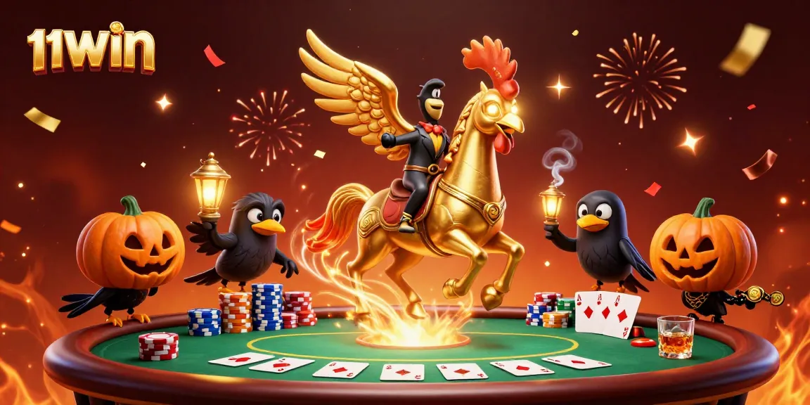 Experience the thrill of 11WIN with a golden rooster headless horseman in a vibrant casino scene.