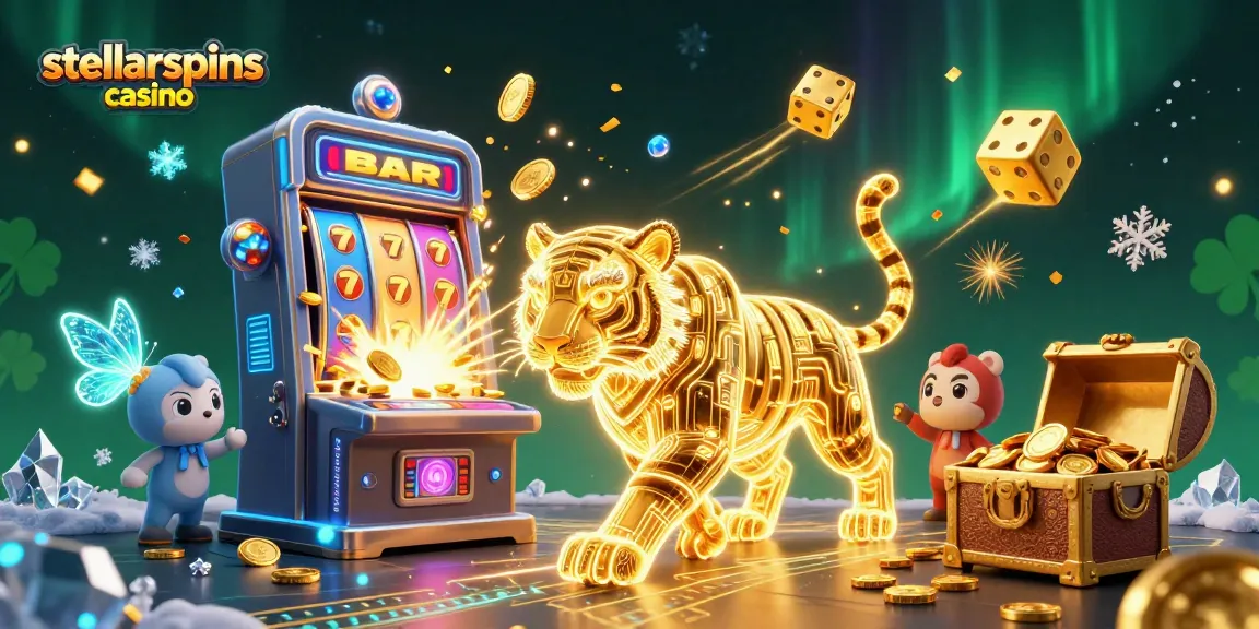 Experience the excitement of stellarspins casino with a digital neon tiger amidst a jackpot frenzy.