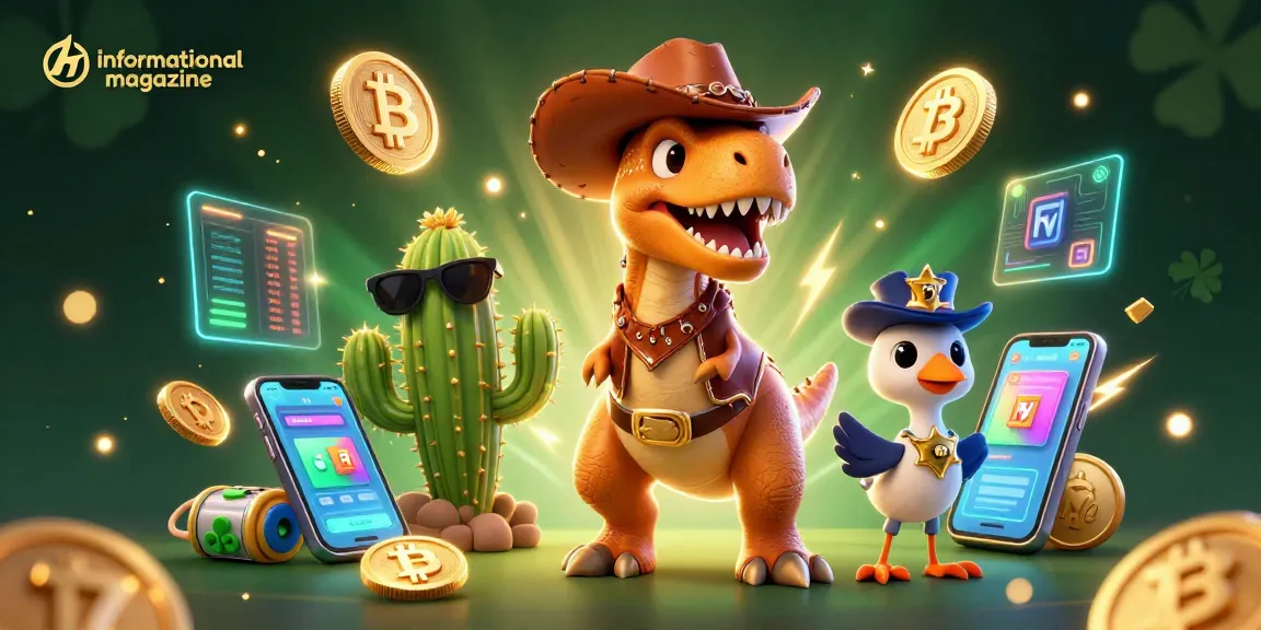 Experience thrilling spins with our informational magazine featuring a cowboy T-Rex and vibrant casino elements.