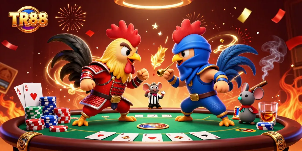 Engage with TR88's thrilling scene of roosters in combat, surrounded by energetic casino elements.