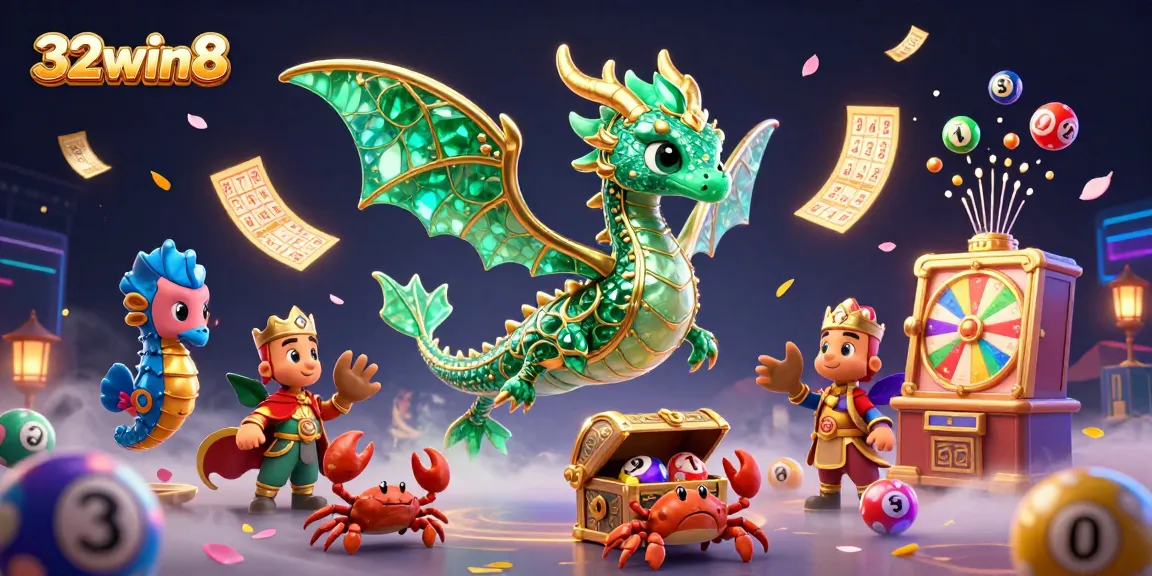 32win8 showcases a vibrant sea dragon, lottery elements, and dynamic gaming excitement.