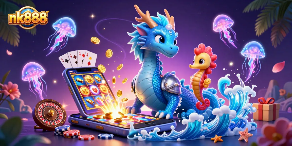 Experience thrilling gaming at nk888 with a dragon, lucky seahorse knight, and neon jellyfish amidst casino elements.