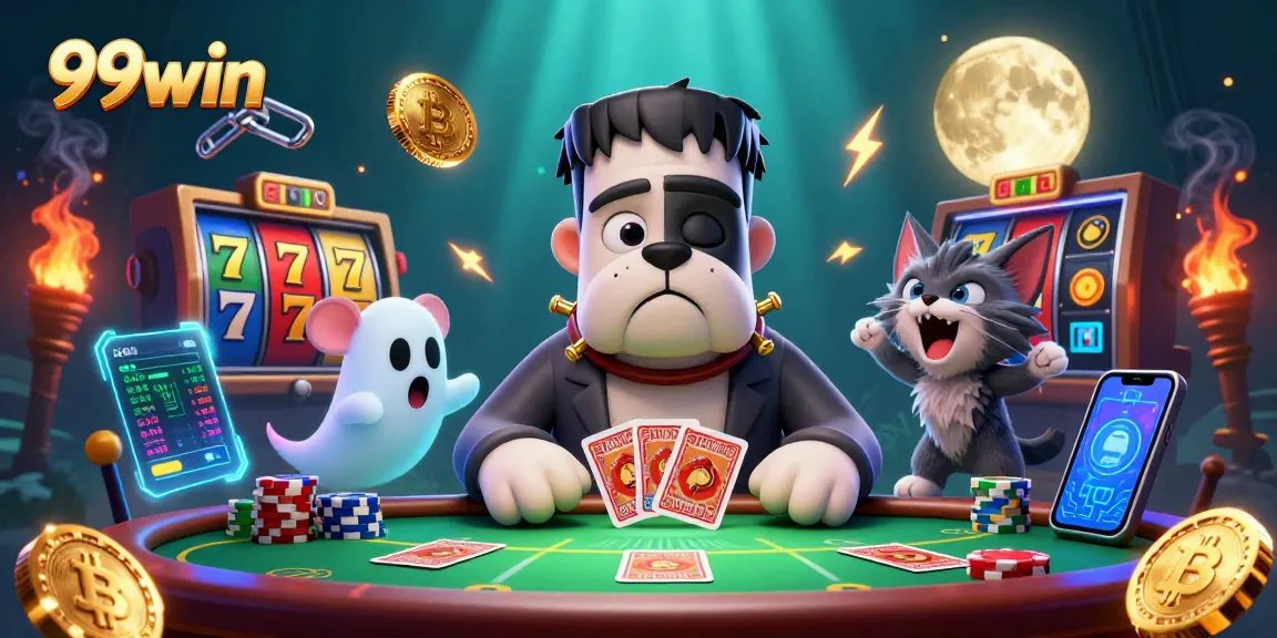 Experience the thrill of 99win with a Frankentein bulldog dealer and fun casino elements.