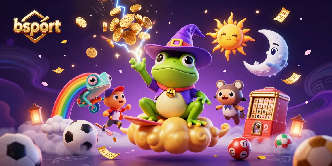 Engage with bsport as the weather wizard frog conjures a storm of coins in a vibrant scene.