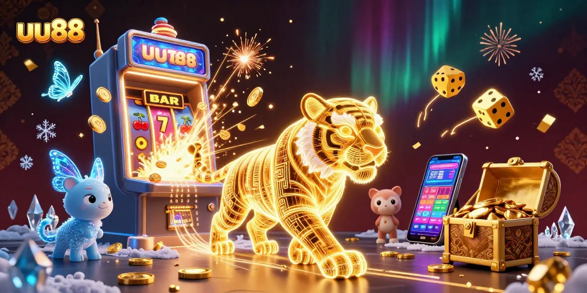 Immerse in the vibrant uu88 casino world, featuring a glowing golden tiger and dynamic slots action.