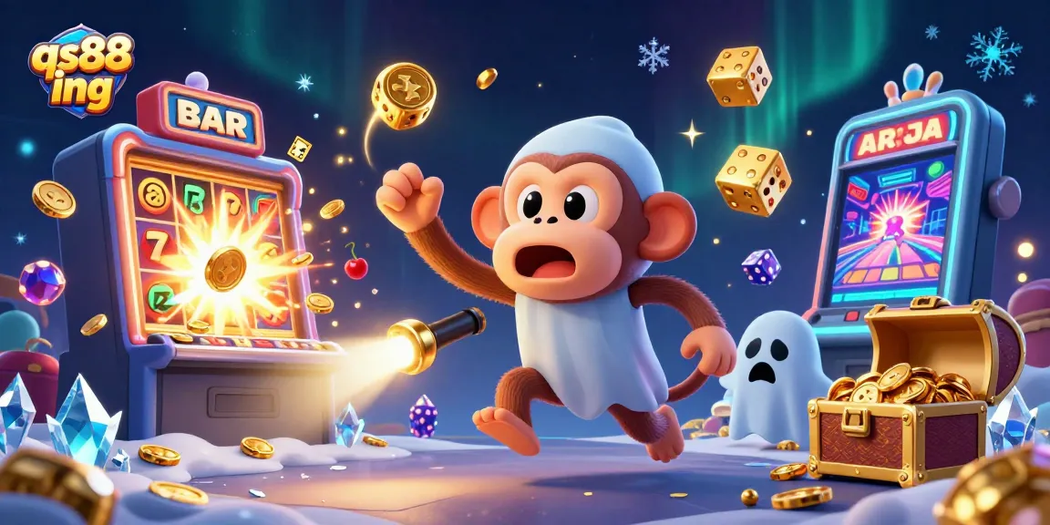 Engage with qs88 ing at a vibrant casino scene filled with a playful poltergeist monkey and a curious puppy.