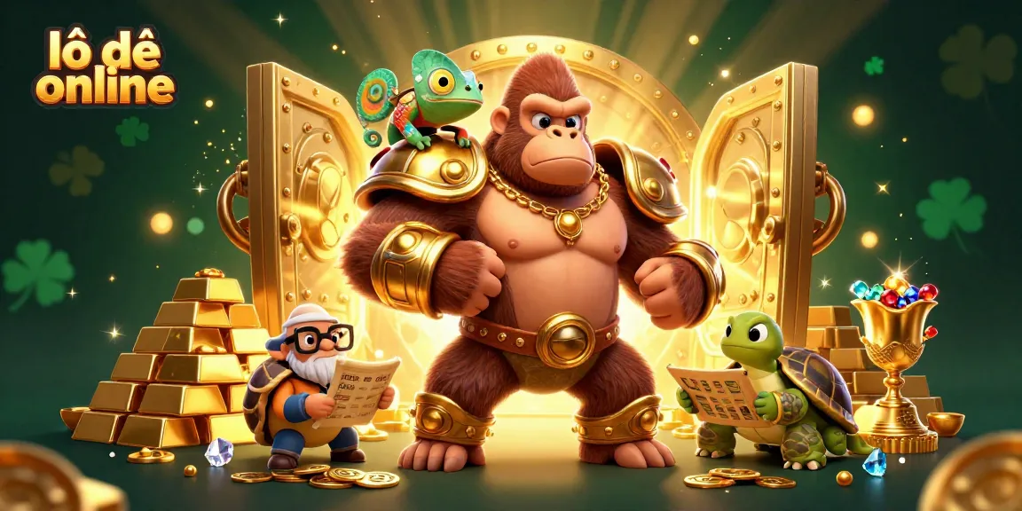 Engage in lô đề online with a powerful gorilla king, agile chameleon, and wise tortoise in a treasure-filled scene.