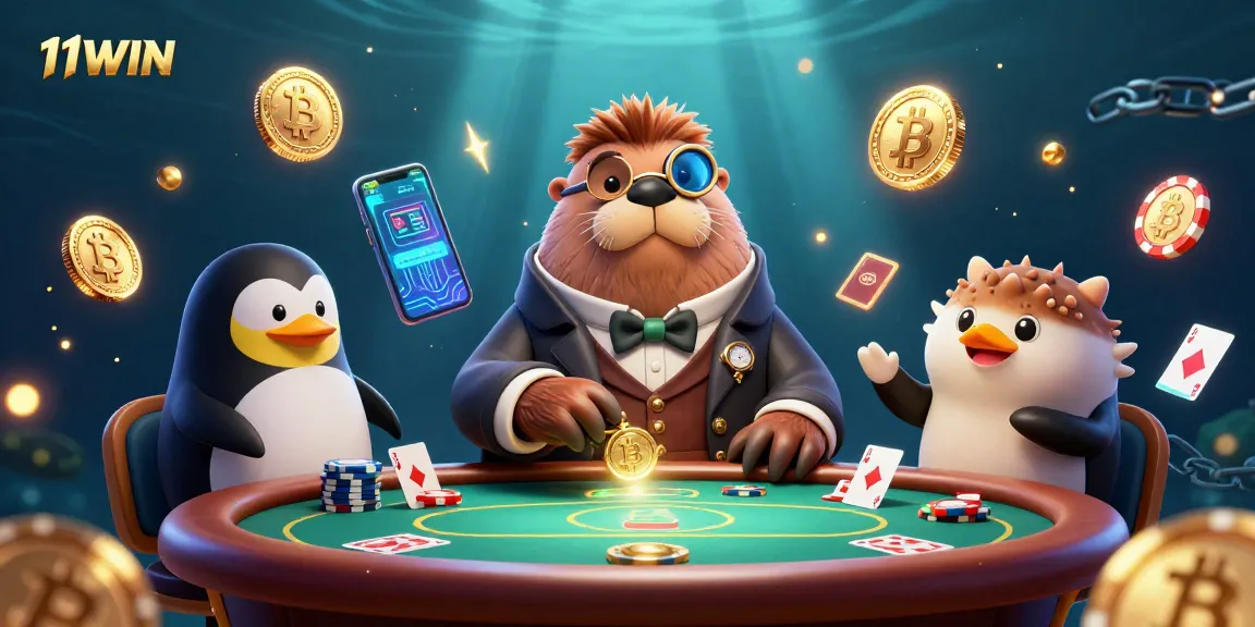 Engage with 11WIN at a lively underwater poker game featuring unique characters and crypto elements.